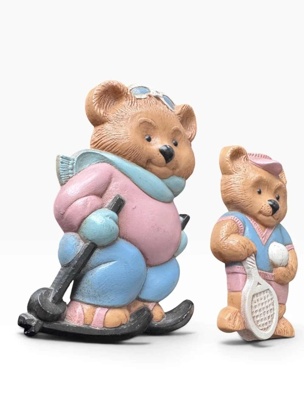 Vintage Burwood Teddy Bear Sports Wall Plaques Set of 2 Ski Tennis 1980s Pastel